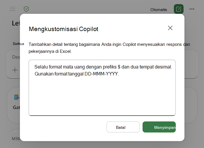 Cuplikan layar dialog personalisasi Copilot di Excel, termasuk contoh di area teks.