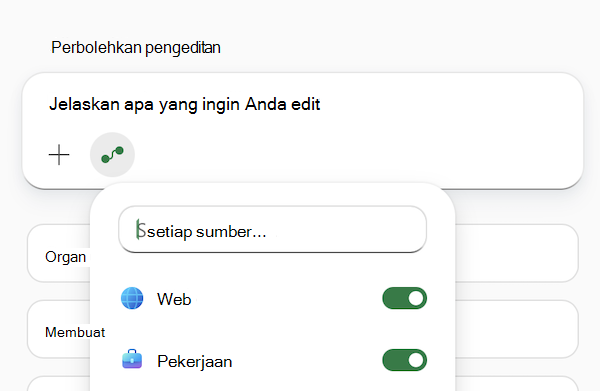 Cuplikan layar bidang perintah Copilot di Excel dengan menu Pilih sumber terbuka.