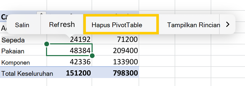 Hapus opsi PivotTable dari menu konteks di iPad.