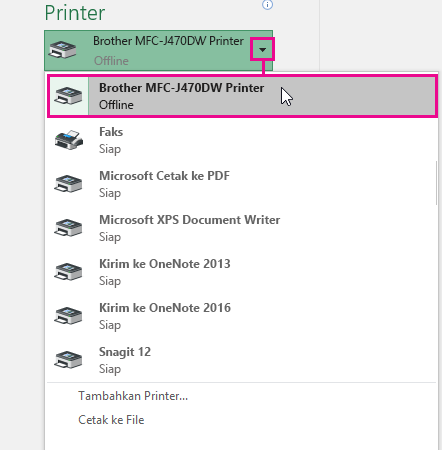 Daftar menurun menampilkan semua printer yang tersedia yang dapat disambungkan komputer Anda. Klik salah satu yang Anda inginkan.