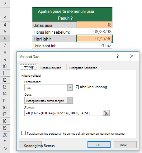 Contoh validasi data untuk membatasi entri ke usia minimum