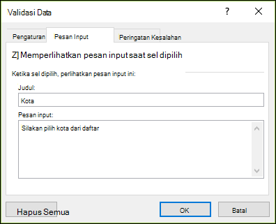 Opsi Pesan Masukan Validasi Data