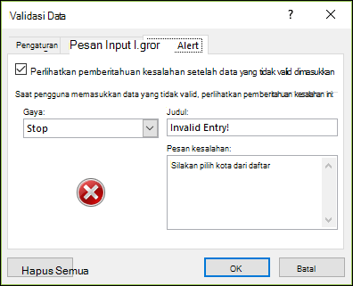 Opsi Pesan Kesalahan Daftar Menurun Validasi Data