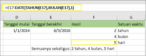 =DATEDIF(D17,E17,md) dan hasilnya: 5