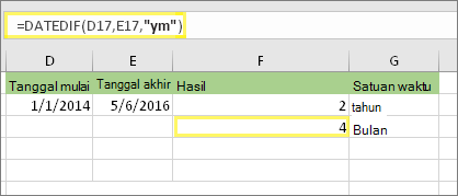=DATEDIF(D17,E17,ym) dan hasilnya: 4