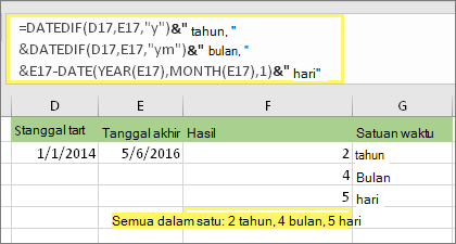 =DATEDIF(D17,E17,y)& tahun, &DATEDIF(D17,E17,ym)& bulan, &DATEDIF(D17,E17,md)& hari dan hasil: 2 tahun, 4 bulan, 5 hari