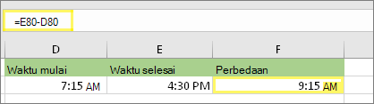 =E80-D80 dan hasil: 9:15 AM