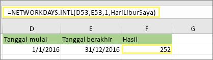 =HARI JARINGAN. INTL(D53,E53,1,MyHolidays) dan hasil: 252