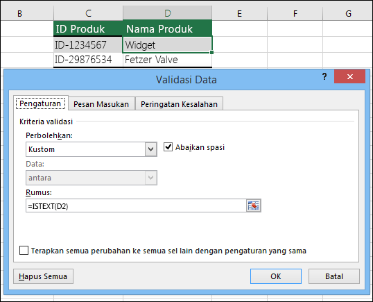 Contoh 2: Rumus dalam validasi data