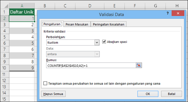 Contoh 4: Rumus dalam validasi data