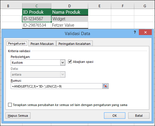 Contoh 6: Rumus dalam validasi data