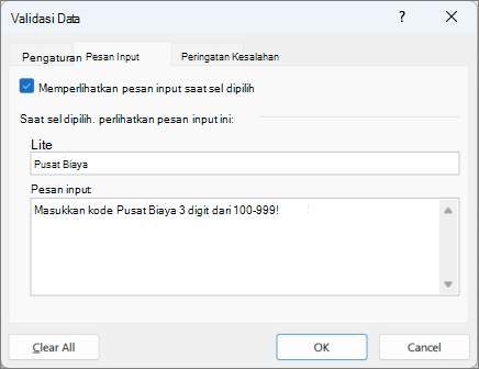 Masukkan pengaturan pesan dalam kotak dialog Validasi Data