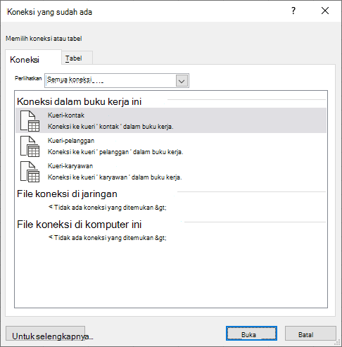 Kotak dialog Connectios yang ada di Excel menampilkan daftar sumber data yang saat ini digunakan dalam buku kerja
