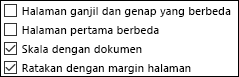 Opsi header dan footer dalam dialog Pengaturan Halaman