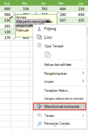 Format komentar dengan memilih teks yang akan diformat, lalu klik kanan dan pilih Format Komentar.