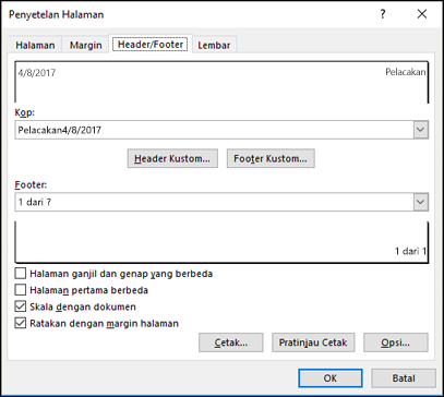 Penyiapan halaman > Opsi header dan footer