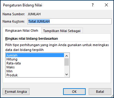 Dialog Pengaturan Bidang Nilai Excel untuk Ringkas Nilai Menurut opsi