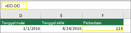Sel D10 dengan 1/1/2016, Sel E10 dengan 24/4/2016, Sel F10 dengan rumus: =E10-D10 dan hasil 114