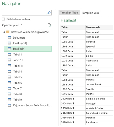 Power Query > dari tampilan > tabel Web Navigator