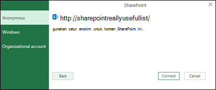 Dialog Sambungkan ke Daftar SharePoint Excel Power Query
