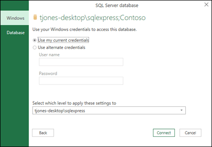 Kredensial masuk koneksi Power Query SQL Server
