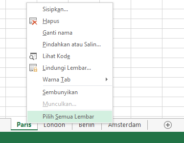 Pada menu klik kanan, Pilih Semua Lembar telah dipilih.