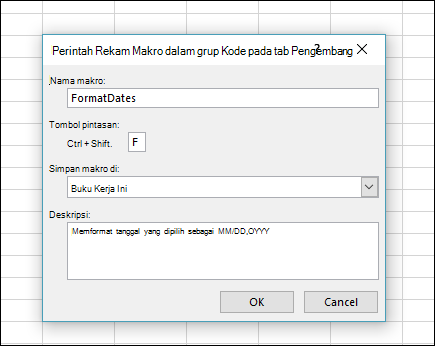Perintah Rekam Makro dalam grup Kode pada tab Pengembang