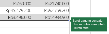 Seret gagang pengubah ukuran untuk mengubah ukuran tabel Anda