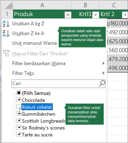 Mengurutkan atau menerapkan filter ke tabel