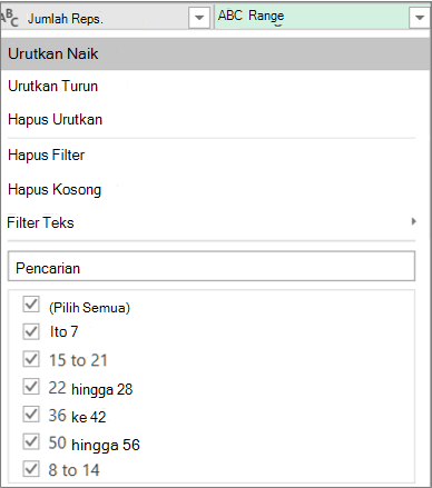 Menggunakan Filter Otomatis untuk melihat rentang yang dibuat