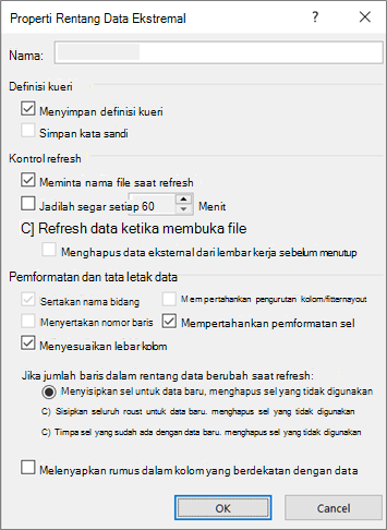 Contoh kotak dialog Properti Rentang Data Eksternal