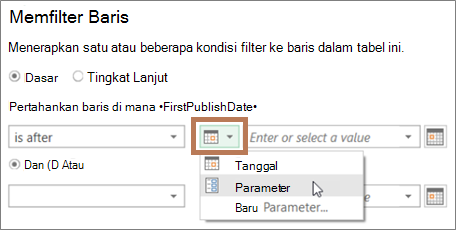 Memasukkan parameter dalam kotak dialog Filter
