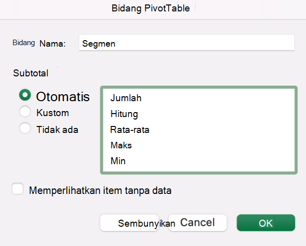 Menambahkan bidang PivotTable