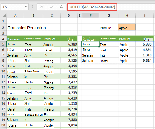 Fungsi FILTER - Filter Kawasan menurut Produk (Apel)