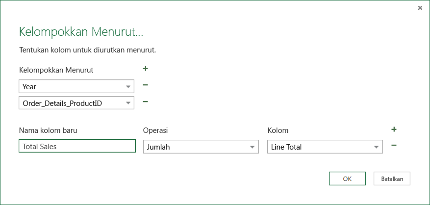 Kotak Dialog Kelompokkan Menurut untuk Operasi Agregat