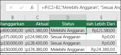 Rumus di sel D2 adalah =IF(C2>B2,Melebihi Anggaran,Dalam Anggaran)