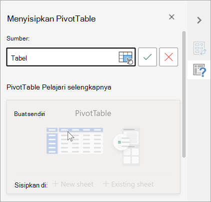 Sisipkan panel PivotTable yang meminta tabel atau rentang untuk digunakan sebagai Sumber dan memungkinkan Anda mengubah Tujuan.