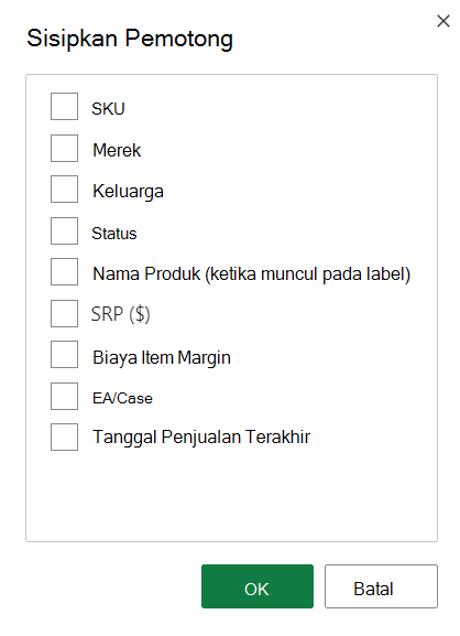 Cuplikan layar opsi Sisipkan Pemotong.