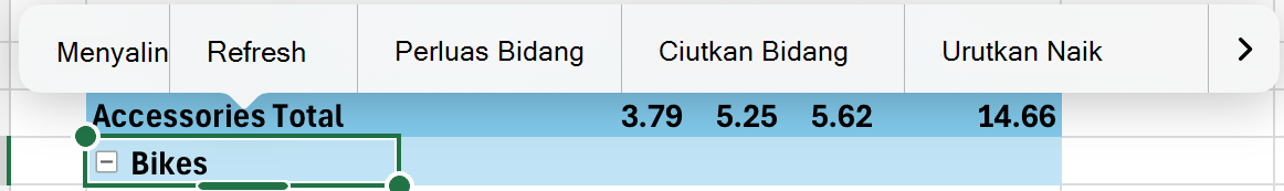 Memperluas atau menciutkan bidang PivotTable di iPad melalui menu konteks.