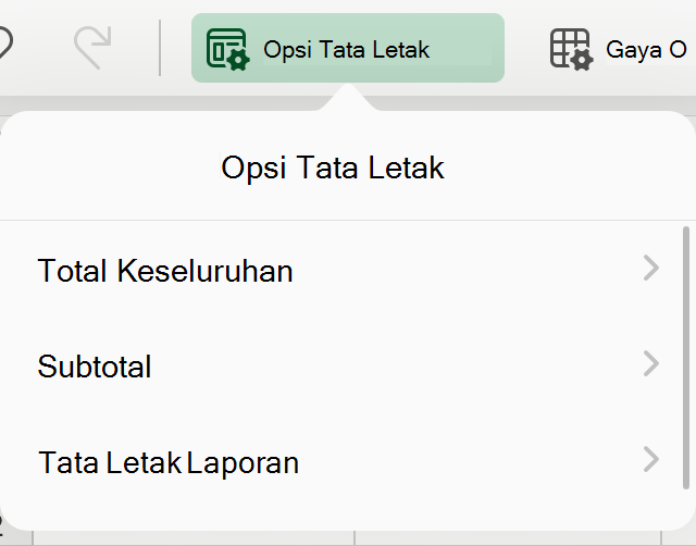 Menu dropdown tata letak PivotTable di iPad.