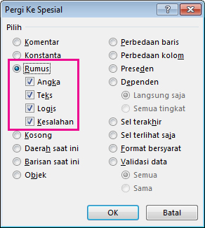 Opsi untuk menemukan rumus dalam kotak Ke Spesial