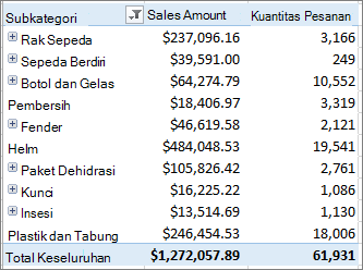 PivotTable memperlihatkan item yang Anda telusuri detail