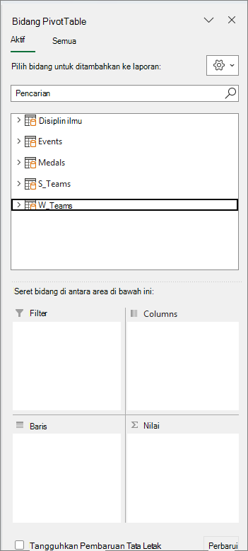 Empat area Bidang PivotTable