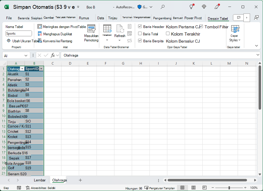Menamai tabel di Excel