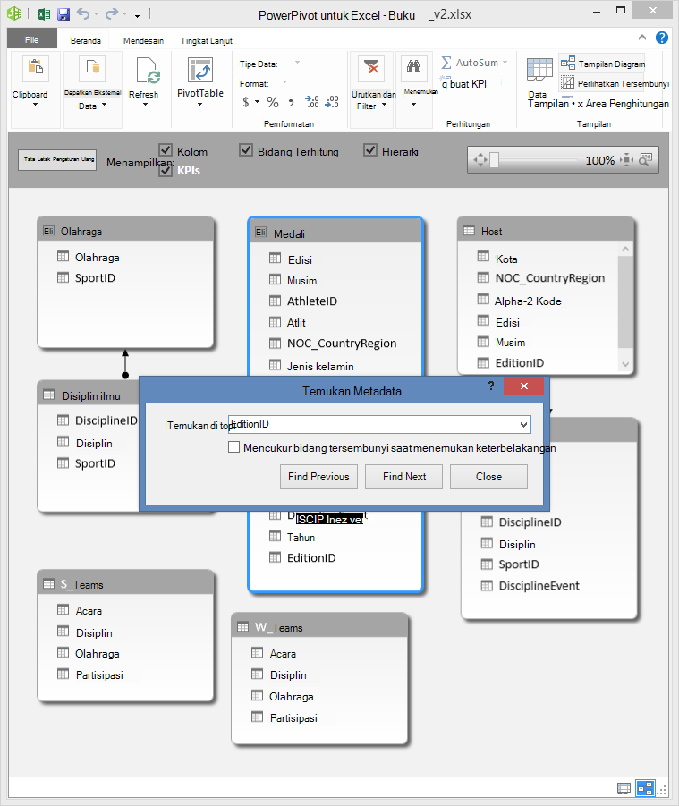 Menggunakan Temukan di Tampilan Diagram PowerPivot