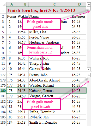 Menggunakan pemisah untuk menampilkan dua wilayah baris.