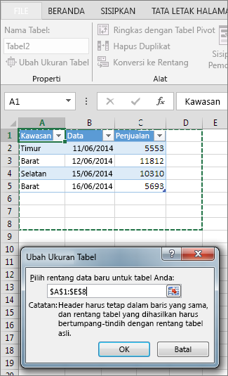 Ubah Ukuran Tabel