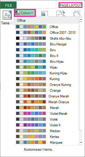 Galeri Warna Tema terbuka melalui tombol Warna di tab Tata Letak Halaman