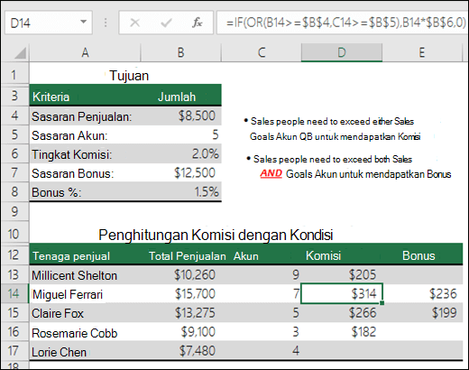 Contoh penggunaan IF dan OR untuk menghitung komisi penjualan.