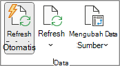 grup data dalam tab Analisis PivotTable pada Pita. Grup Data berisi tombol Refresh Otomatis, Segarkan, dan Ubah Sumber Data.